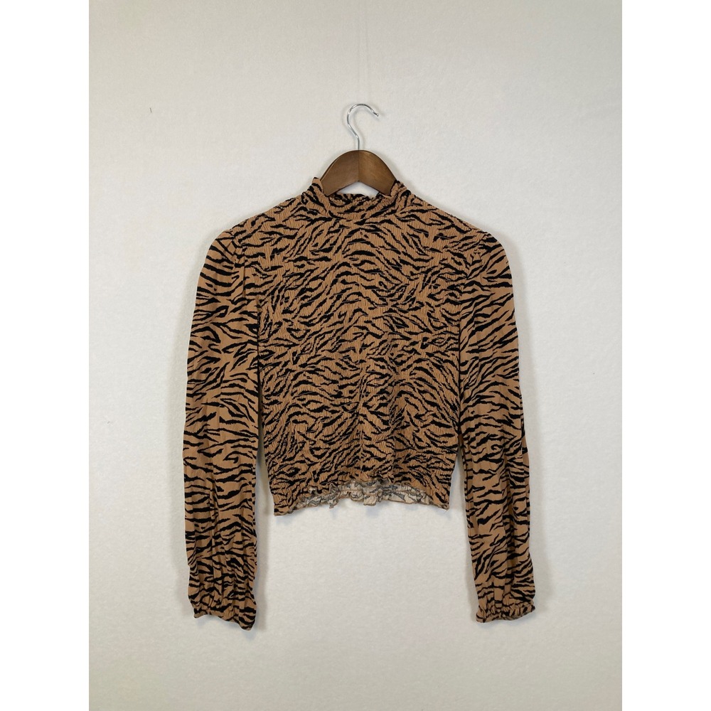 Wild Fable Tiger Print Smocked‎ Top Medium Brown Black Mock Neck Long Sleeve